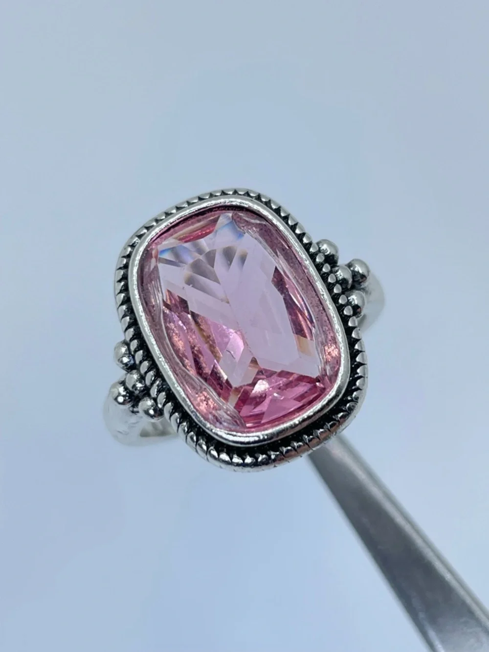 Vintage Style Pink Faceted Statement Ring Silver Bold Designer Style